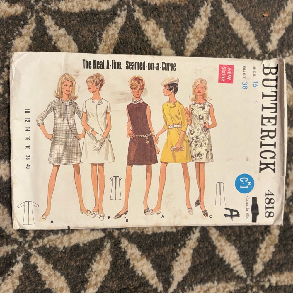60's Butterick Pattern #1818 - One-Piece Dress Pattern - Size 16 - Bust 38